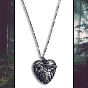 Silver Necklace with Bigfoot and UFO Heart-shaped Charm